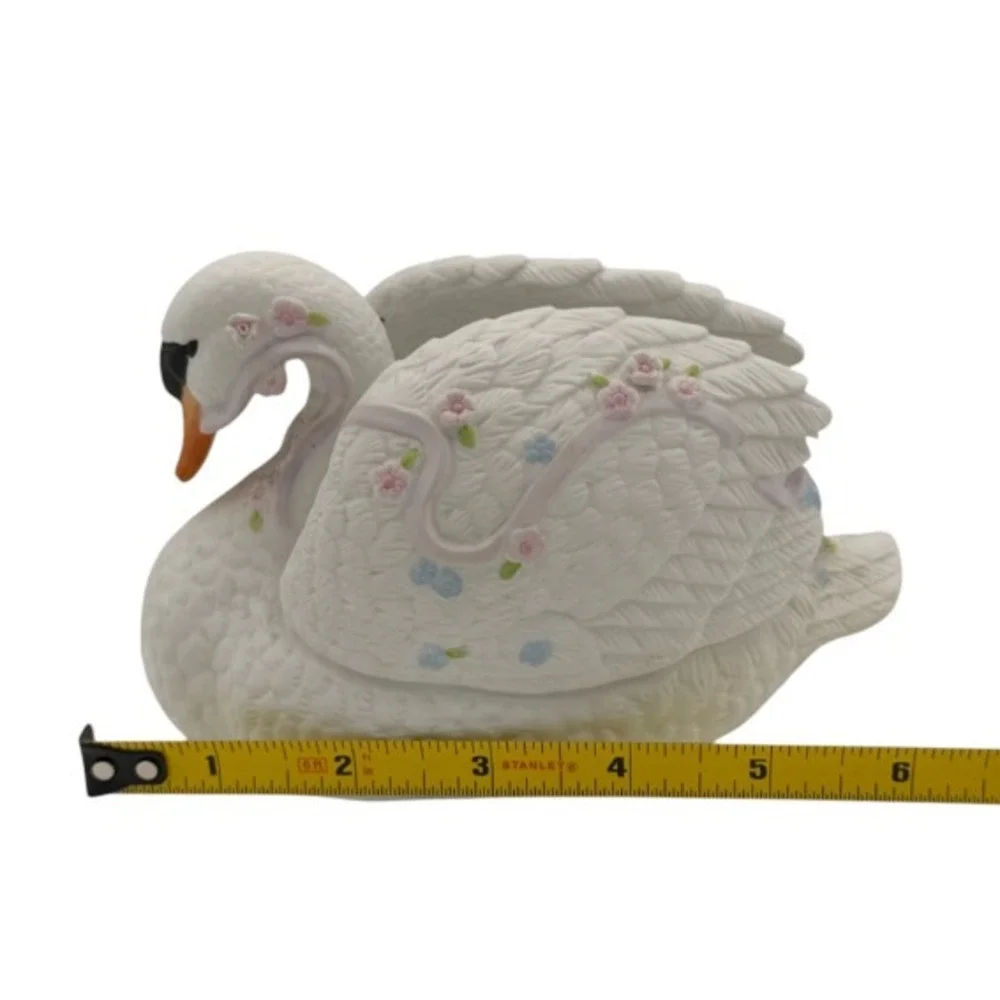 VTG 1986 ENESCO White Swan Figurine Card Holder Floral Cottagecore Decor Korea